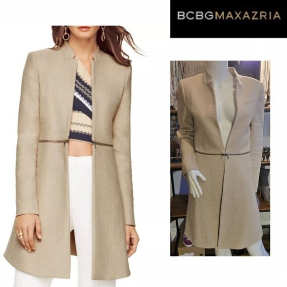 BCBG MAXAZRIA Arelia Beige A-Line Blazer Jacket Women’s Large Zippered Waist - Picture 1 of 13